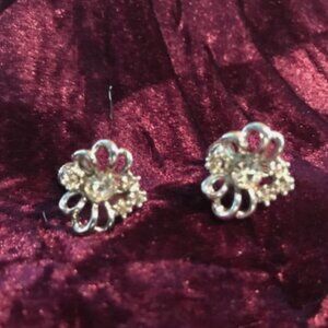 Vintage Silver Tone Flower Earrings with Rhinestones Screw Back